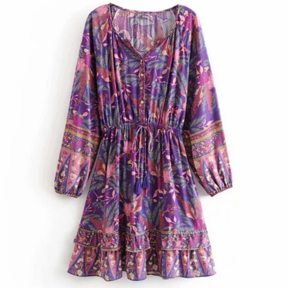 SOLD OUT Boho Purple Wisteria Long Sleeve Ruffled Dress - Picture 14 of 15